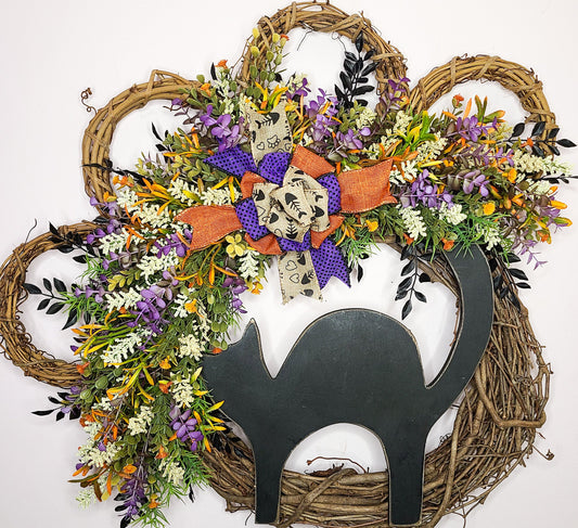 Primitive Black Cat HALLOWEEN Paw Wreath